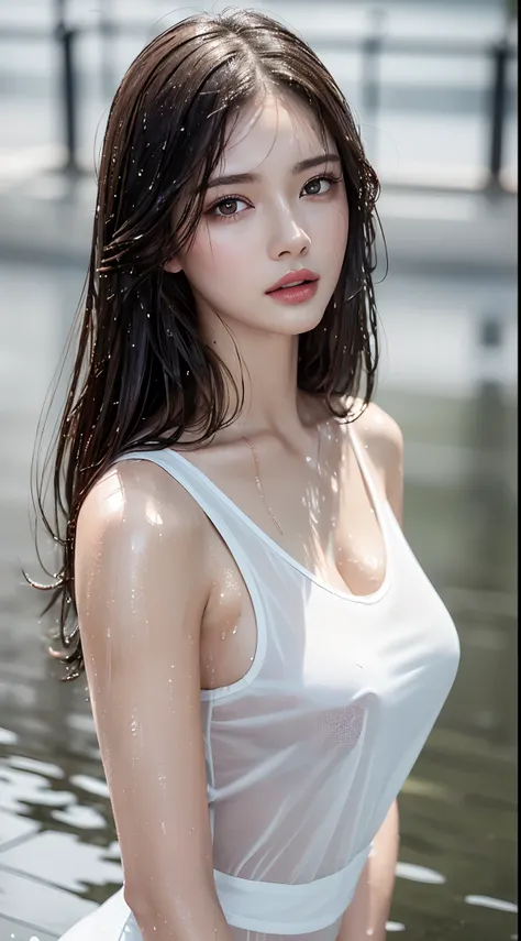 (Best quality, 4k, Masterpiece :1.3), pretty woman, 1girl, sexy :1.1, dark brown hair: 1.1, (rainy wet, wet from rain, wet body :1.2), white tank tops, ultra-detailed face, detailed lips, detailed eyes, double eyelid