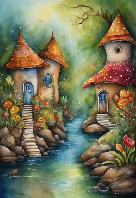 surrealismo, dream-like,fusion，Una calle en una tierra de cuento de hadas, selva, Casas con flores,,flores, Casa de la calle, um rio com uma canoa perto de uma casa