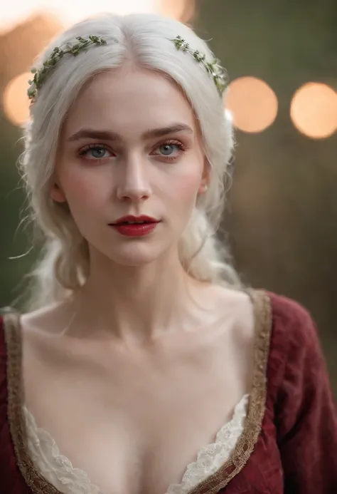 (((a deep reddish wound crosses her left cheek))) fair complexion, woman around 19 years old, natural white hair, distinctive green eyes, slender and graceful, beautiful, candlelight in a medieval setting, ultra sharp focus, realistic shot, naked, showing ...