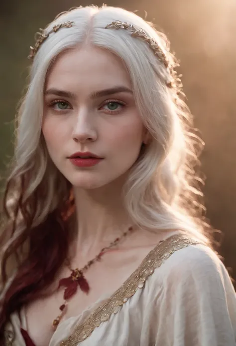 (((a deep reddish wound crosses her left cheek))) fair complexion, woman around 19 years old, natural white hair, distinctive green eyes, slender and graceful, beautiful, candlelight in a medieval setting, ultra sharp focus, realistic shot, naked, showing ...