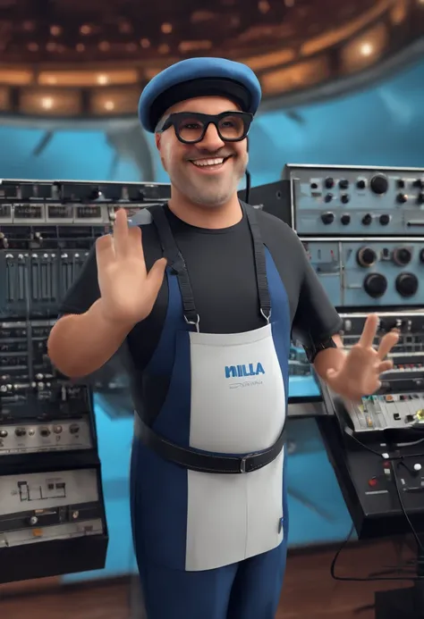 create a PIXAR movie cover-style image of a sound technician, blue-framed glasses, vestido de blusa preta com a frase: Nicolaixs, and a white cap with a light blue brim, trabalhando em uma mesa de som, And around him several people having fun at a show.