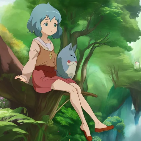 a close up of a person sitting on a tree branch with a cat, miyazakis animated film, style in ghibli anime style, ghibli studio anime style, in style of studio ghibli, style of hayao miyazaki, studio ghibli artstyle, trending on studio ghibli, style in ghi...