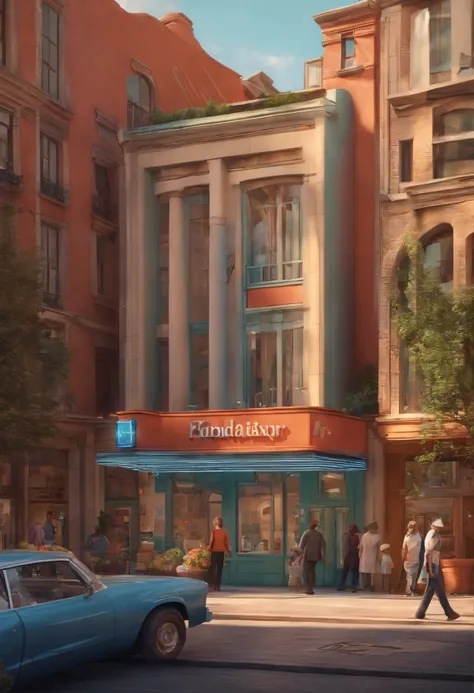 Pixar 3D-style drawing of a slimming clinic in the city center with a character in the foreground