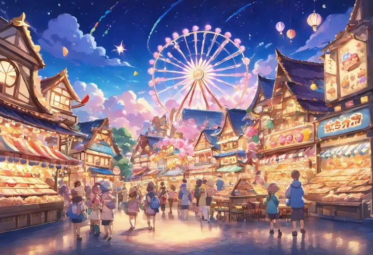 Night view of the land of sweets、Fantastic atmosphere、Watching from a distance、A house made of cookies、Rides made of candy、Table made of chocolate、A sparkling world、top-quality、​masterpiece、night landscape、A city illuminated by street lamps、Rear view of a ...