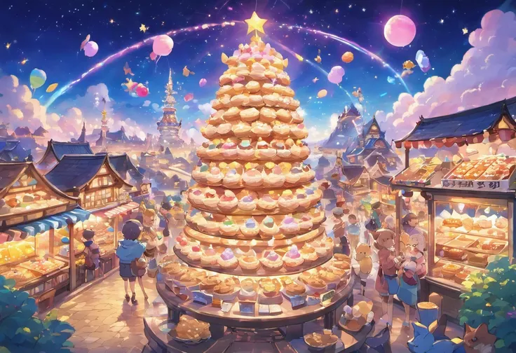 Night view of the land of sweets、Fantastic atmosphere、Watching from a distance、A house made of cookies、Rides made of candy、Table made of chocolate、A sparkling world、top-quality、​masterpiece、night landscape、A city illuminated by street lamps、Rear view of a ...