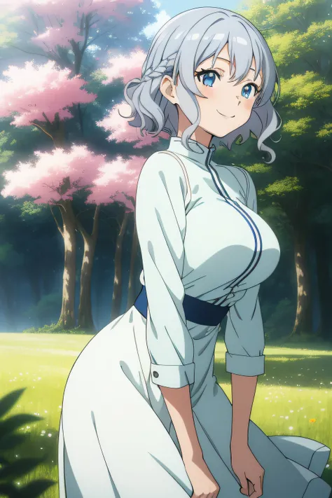 (masutepiece, Best Quality,) anime screen cap, 1girl in, 
Short hair, Blue eyes, Silver hair, Wavy Hair, braid, Dress, Large breasts, Smile, 
depth of fields, forest, field, Wind, swirls,