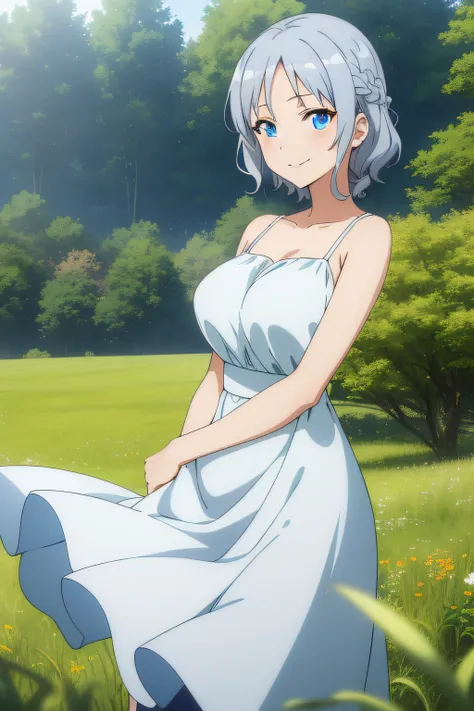 (masutepiece, Best Quality,) anime screen cap, 1girl in, 
Short hair, Blue eyes, Silver hair, Wavy Hair, braid, Dress, Large breasts, Smile, 
depth of fields, forest, field, Wind, swirls,