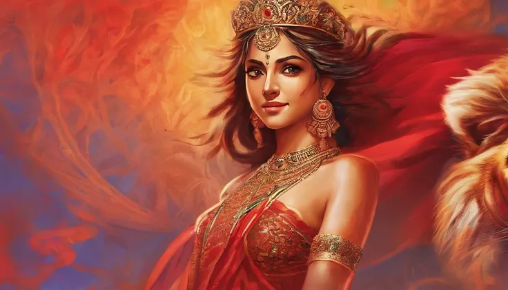 (highly detailed), (illustration), (beautiful smile), (beautiful eyes), (complex), (beautiful face), (attractive body), (full body image), modern Indian goddess, Hinduism, (sheer red sari), (visible natural breasts), (NSFW) , dynamic pose, deity crown, (li...