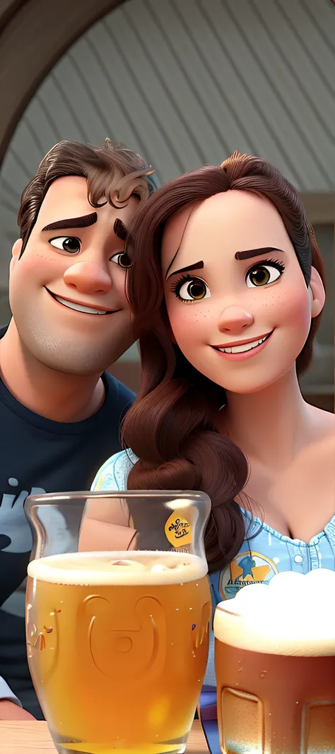 Casal feliz igual filme da Disney amor, estilo disney pixar, with a glass of beer, olhos castanhos