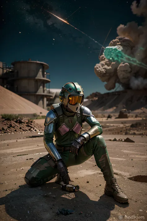 A toon rusty explosion radioactivity greenhair  whit  Rocketeer, camouflage Gold Silver Pink Rusty, Ambient in a meteorite crater super detailed, center, beautiful, soft lighting, focused on the character, 4K resolution, photorealistic rendering,