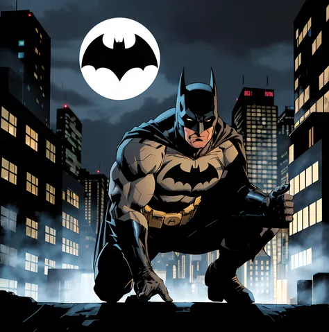 comic book style, batman,full body,grey bodysuit,1boy, dark scene, cowboy shot of batman, athletic, white eyes, no pupils, night...