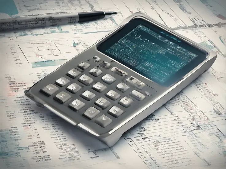 calculadora financeira "HP12C" On top of a sheet with graphs and a pen