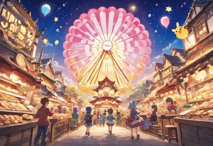 Night view of the land of sweets、You can see the overwhelming and vast cityscape in the distance.、A boy and a wolf are overwhelmed by the magnificent cityscape、Back view of the boy and the wolf、Fantastic atmosphere、Watching from a distance、A house made of ...