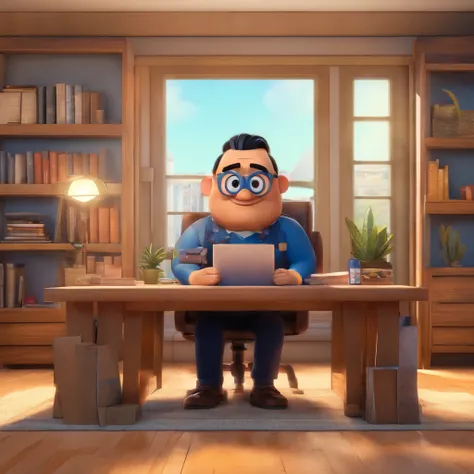 Crie um cartaz inspirado na Disney Pixar com o personagem sendo  Um homem careca, japanese, gordo, rosto arredondado, wearing goggles, in an office with a Bible on the table