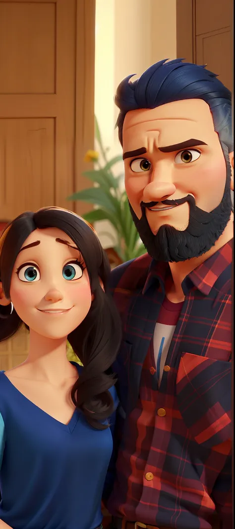 casal homem e mulher no estilo Disney Pixar, alta qualidade, melhor qualidade. Mulher de vestido azul, morena de Ton claro, cabelo cacheados longos, com brinco grande de argola, rosto meio arredondado, sobrancelha finas e olhos meio arredondado. Homem alto...