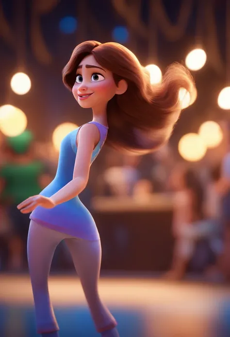 Pixar style image with 3D character white glasses light brunette woman straight hair under shoulder dancing, Maquiagem Disney,Pescador, bonitinho, sorridente ,Close-up, Pixar, Disney, Cinema lighting,