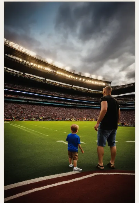 Father and son at football stadium