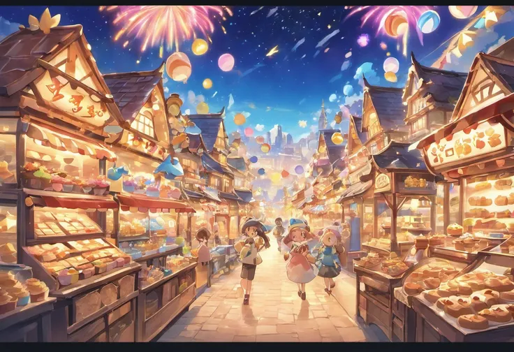 Night view of the land of sweets、The dynamic and expansive cityscape can be seen far into the distance、A boy and a wolf are overwhelmed by the magnificent cityscape、Back view of the boy and the wolf、Fantastic atmosphere、Watching from a distance、A house mad...