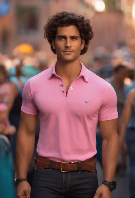 crie um banner no estilo Pixar. A man with Brazilian features, moreno pardo com cabelos bem curto, Castanhos, usando uma camiseta polo rosa claro, 
 Vestindo jeans preto e segurando um contrabaixo