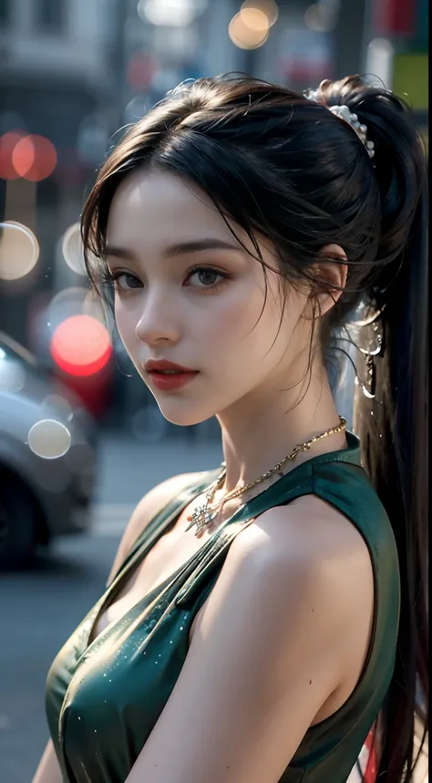 Best quality, Masterpiece, A high resolution, 1girl,red China Hanfu,Streets in ancient Chinese cities background, ponytail hairstyles，hair adornments,necklace, jewelry,Beautiful face ,Photorealistic, rim lit, twotonelighting,(highdetailskin:1.2), 8K, Ultra...