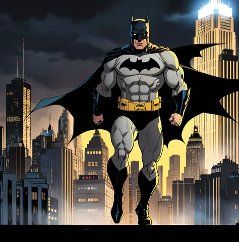 comic book style, batman,full body, grey bodysuit,1boy, dark scene, cowboy shot of batman, athletic, white eyes, no pupils, nigh...