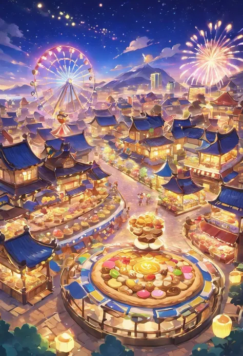 Night view of the land of sweets、The dynamic and expansive cityscape can be seen far into the distance、A gaze looking down from the top of the slope、Fantastic atmosphere、Watching from a distance、A house made of cookies has a chocolate roof、Rides made of ca...