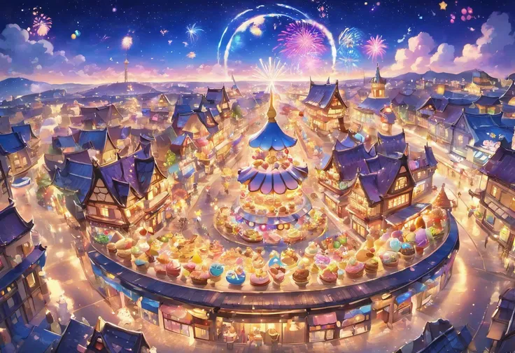 Night view of the land of sweets、The dynamic and expansive cityscape can be seen far into the distance、A gaze looking up from the bottom of the slope、Fantastic atmosphere、Watching from a distance、A house made of cookies has a chocolate roof、Rides made of c...