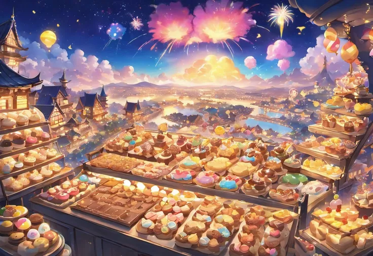 Night view of the land of sweets、The dynamic and expansive cityscape can be seen far into the distance、A gaze looking up from the bottom of the slope、Fantastic atmosphere、Watching from a distance、A house made of cookies has a chocolate roof、Rides made of c...