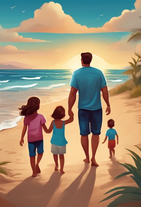 Create in cartoon style a family with a couple of adults and two children in a space on the beach walking together in high quality and richness of details