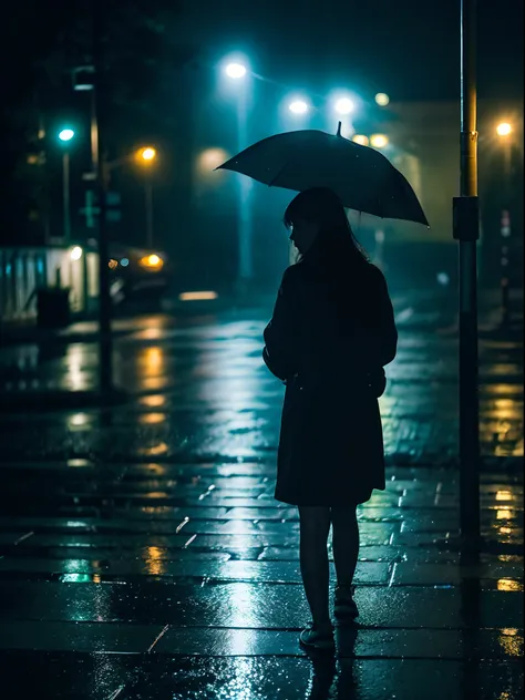 A heartbroken woman walks down the sidewalk in the night rain. Headlights illuminating the dark roadway shine on her, casting a large shadow on the wall of a building. (Best quality), (masterpiece:1.3), ultra-detailed, sharp shadows, great detail, depth of...