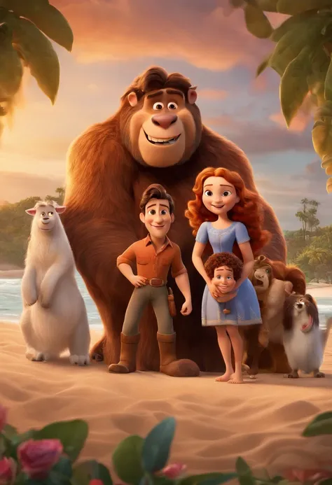 a Disney Pixar movie poster showing a white-skinned family. The father is the tallest, Tem barba curta, loiro, cabelos curtos e espinhosos. The mother has brown eyes and hair, shoulder-length and is slightly overweight. A menina tem 4 anos e cabelos castan...