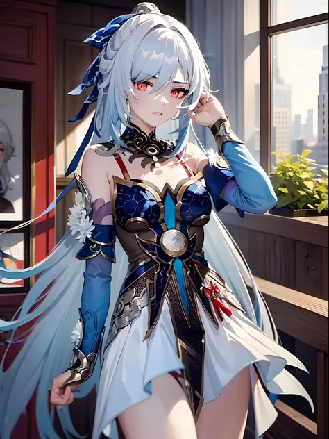 best quality, masterpiece, 1girl, red eyes, tied up light blue hair, aesthetic, artistic