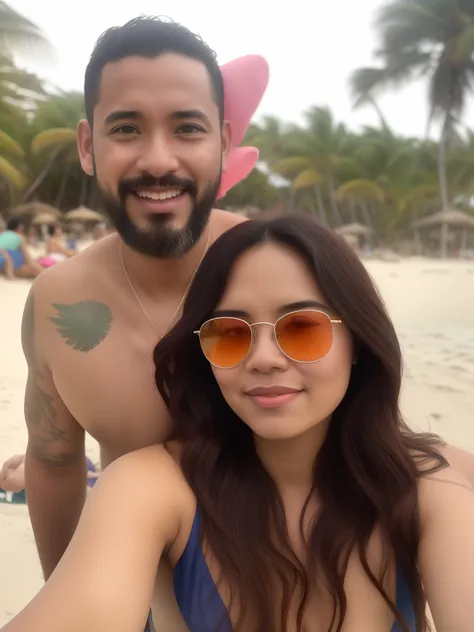 Theres a man and a woman taking a selfie on the beach, vacation photo, 🤬 🤮 💕 🎀, 3 2 anos, imagem de perfil, na praia, Mulher de 30 anos de Cuba, Selvas ao fundo, Tyler Edlin e Natasha Tan, taken in the early 2020s, Karla Ortiz