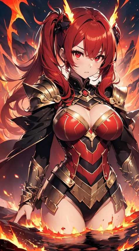 top-quality、Top image quality、​masterpiece、girl with((20yr old、Best Bust、big bast、Bust 85,Red Eyes、Breasts wide open,Long twin tails with glowing red hair、A slender、Large valleys、Red dress、Red Magma Armor,Reflecting the whole body、Glowing Red Greatsword、Hi...