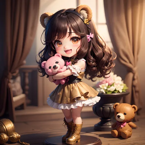 ​masterpiece、top-quality、ultra-detailliert、(Chibi Chara　Bear ears:1.2)、long curly dark brown hair、Wraith with beige and brown geometric patterns、Laced boots、（Hug the statuette of a pink heart：1.3）、（Statuettes of multiple hearts dancing in the background：1....