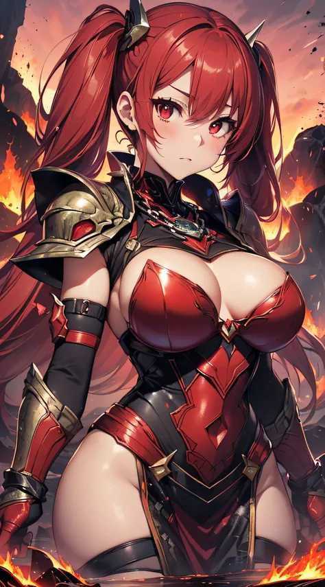 top-quality、Top image quality、​masterpiece、girl with((20yr old、Best Bust、big bast、Bust 85,Red Eyes、Breasts wide open,Long twin tails with glowing red hair、A slender、Large valleys、Red dress、Red Magma Armor,Reflecting the whole body、Glowing Red Greatsword、Hi...