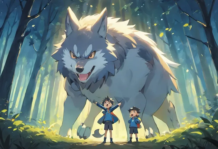 A large wolf raises his hands and opens his big mouth to threaten the boy、Frightened boy、in the woods at night、fantastic landscape、top-quality、​masterpiece、