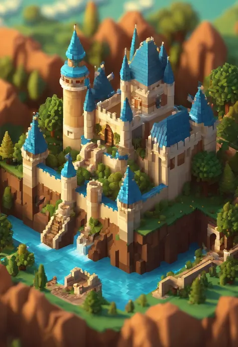 Close-up of a pixel art style landscape with a castle, high quality voxel art, detailed pixel artwork, detailed pixel art, beautiful detailed pixel art, ultra detailed game art, isometric voxel art, voxel based world, voxels art, super detailed color lowpo...