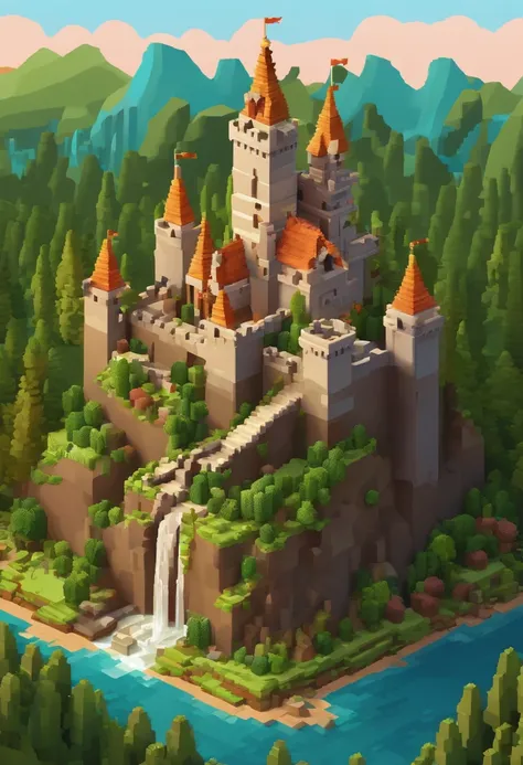 Close-up of a pixel art style landscape with a castle, high quality voxel art, detailed pixel artwork, detailed pixel art, beautiful detailed pixel art, ultra detailed game art, isometric voxel art, voxel based world, voxels art, super detailed color lowpo...