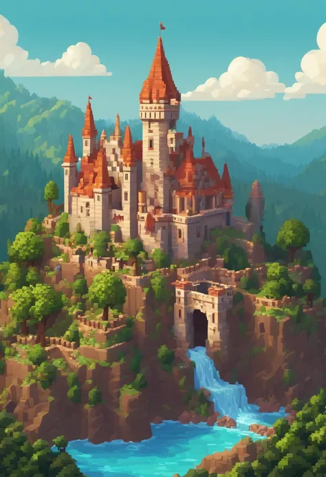 Close-up of a pixel art style landscape with a castle, high quality voxel art, detailed pixel artwork, detailed pixel art, beautiful detailed pixel art, ultra detailed game art, isometric voxel art, voxel based world, voxels art, super detailed color lowpo...