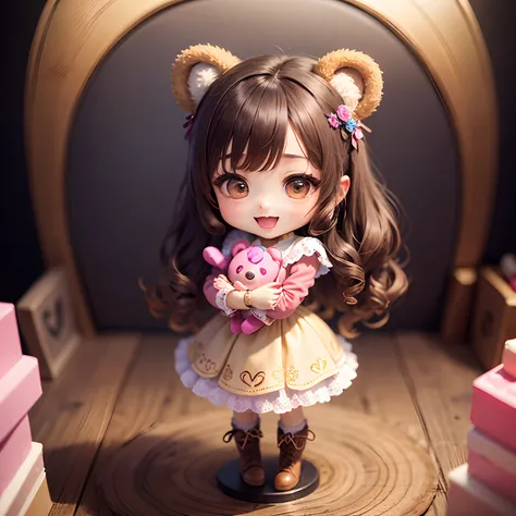 ​masterpiece、top-quality、ultra-detailliert、(Chibi Chara　Bear ears:1.2)、long curly dark brown hair、Wraith with beige and brown geometric patterns、Laced boots、（Hug the statuette of a pink heart：1.37）、（Statuettes of multiple hearts dancing in the background：1...