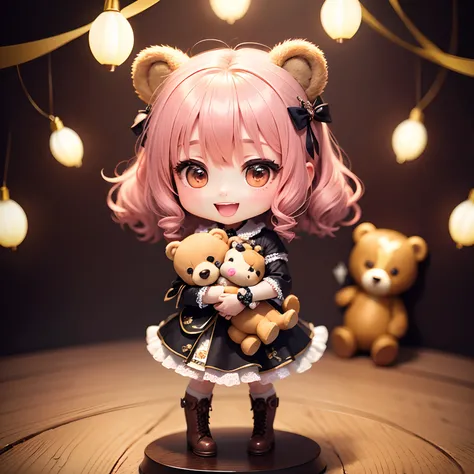 ​masterpiece、top-quality、ultra-detailliert、(Chibi Chara　Bear ears:1.2)、long curly dark brown hair、Wraith with beige and brown geometric patterns、Laced boots、（Hug the statuette of a pink heart：1.37）、（Statuettes of multiple hearts dancing in the background：1...