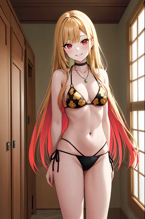 masterpiece, best quality, highres, kitagawa marin, 1girl, blonde hair, long hair, multicolored hair, red eyes, jewelry, necklace, choker, black bikini, floral print, bracelet, side-tie bikini bottom, cowboy shot, indoors, room, standing, smile, straight-o...