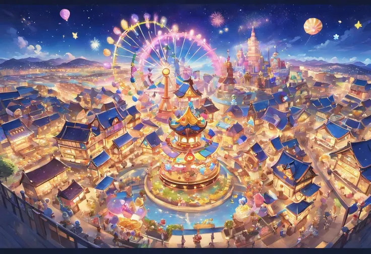 Night view of the land of sweets、The dynamic and expansive cityscape can be seen far into the distance、A gaze looking up from the bottom of the slope、Fantastic atmosphere、Watching from a distance、A house made of cookies has a chocolate roof、Rides made of c...