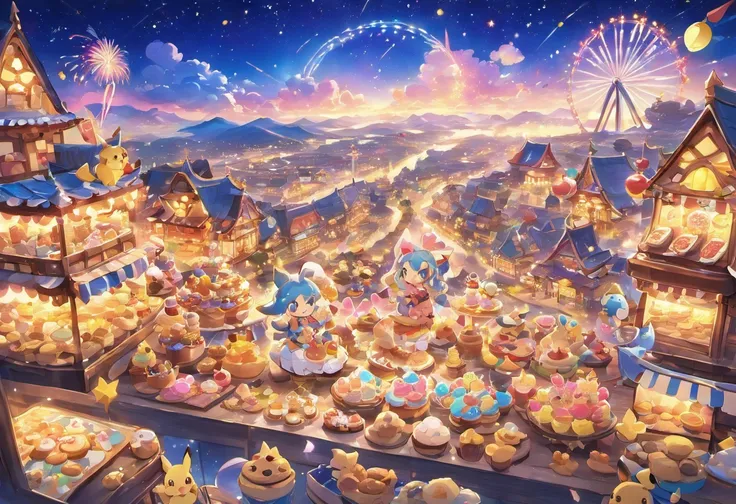 Night view of the land of sweets、The dynamic and expansive cityscape can be seen far into the distance、A gaze looking up from the bottom of the slope、Fantastic atmosphere、Watching from a distance、A house made of cookies has a chocolate roof、Rides made of c...