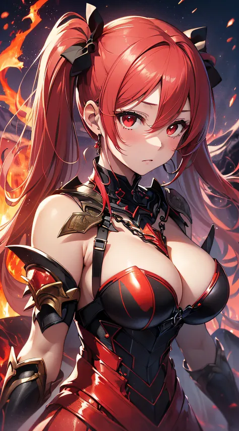 top-quality、Top image quality、​masterpiece、girl with((20yr old、Best Bust、big bast、Bust 85,Red Eyes、Breasts wide open,Long twin tails with glowing red hair、A slender、Large valleys、Red dress、Red Magma Armor,Reflecting the whole body、Glowing Red Greatsword、Hi...