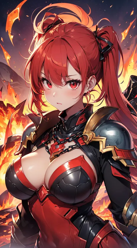 top-quality、Top image quality、​masterpiece、girl with((20yr old、Best Bust、big bast、Bust 85,Red Eyes、Breasts wide open,Long twin tails with glowing red hair、A slender、Large valleys、Red dress、Red Magma Armor,Reflecting the whole body、Glowing Red Greatsword、Hi...