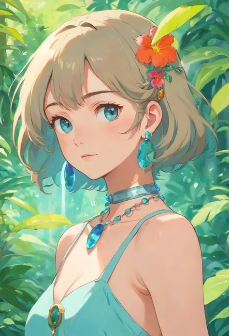 a girl wearing an anime collar, a long necklace and earrings, in the style of tranquil gardenscapes, (naked )colorful animation stills, masami teraoka, aquamarine, paul gauguin, Embry style, honest portrayal