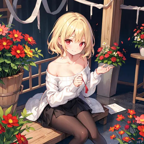 short wavy blonde hair、One girl with red eyes、独奏、Sit surrounded by flowers、red blush、Sweaters、off shoulders、a miniskirt、Black tights、A smile