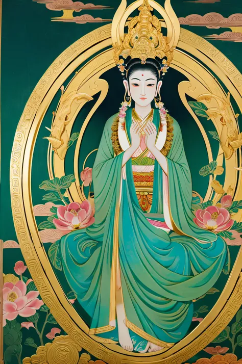 Goddess of ancient Japan, guanyin of the southern seas, guanyin, Inspired by India, Avalokitesvara rides a komaninu，,serene expressions,shui mo hua,Buddha,budista,lotuses,Japan style of painting,Thangka style